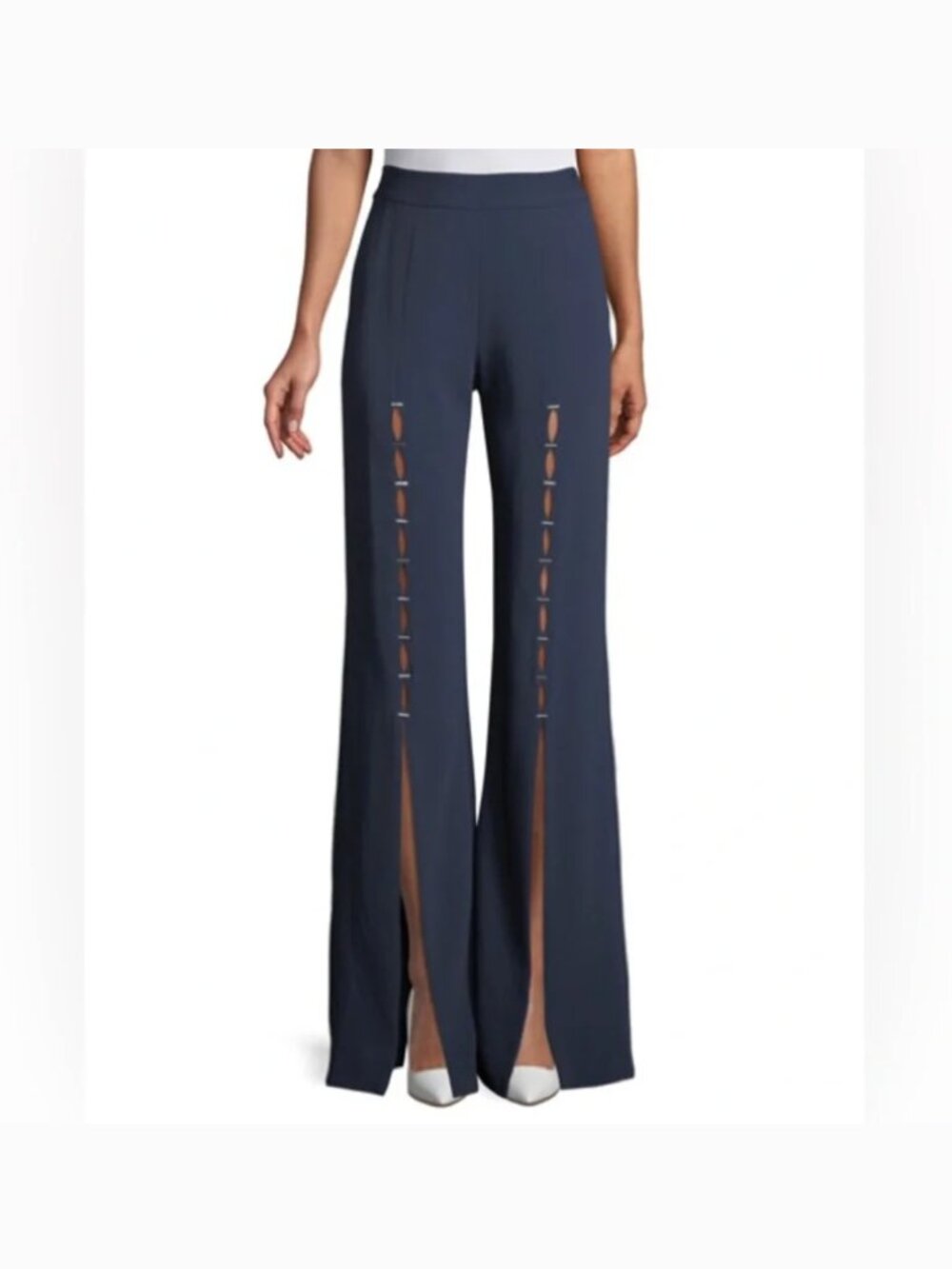 SIMKHAI Stapled Crepe Front Slit Pant in Navy | Size 2